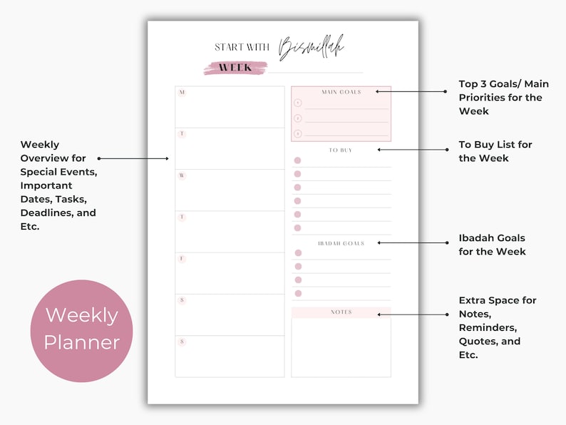 May include: A printable weekly planner with a pink and white color scheme. The planner includes sections for main goals, to buy list, ibadah goals, and notes. The text "START WITH Bismillah WEEK" is at the top of the page.