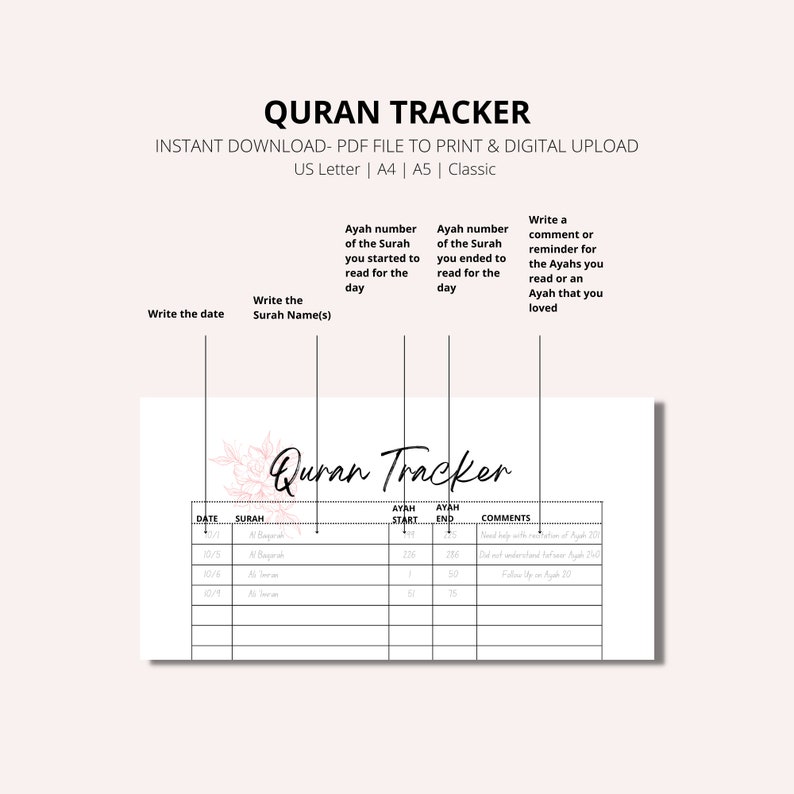 Quran Tracker Quran Reading Log Printable Quran Tracker - Etsy
