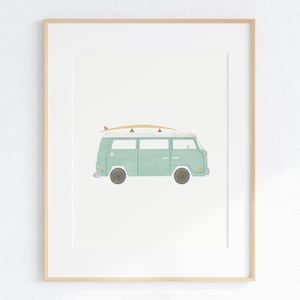 Camper Van Print, Beach Nursery Decor, Beach Nursery Wall Art, Kids Room Decor, Vintage Camper, Camper Van With Surfboard, Camper Decor