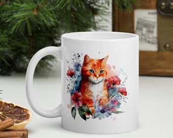 Cute Watercolor Ginger Cat Mug White glossy mug