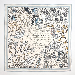 May include: A white silk scarf with a floral pattern and a quote from Jane Austen's Pride and Prejudice: "I am resolved to act in that manner, which will in my own opinion, be most conducive to my happiness."