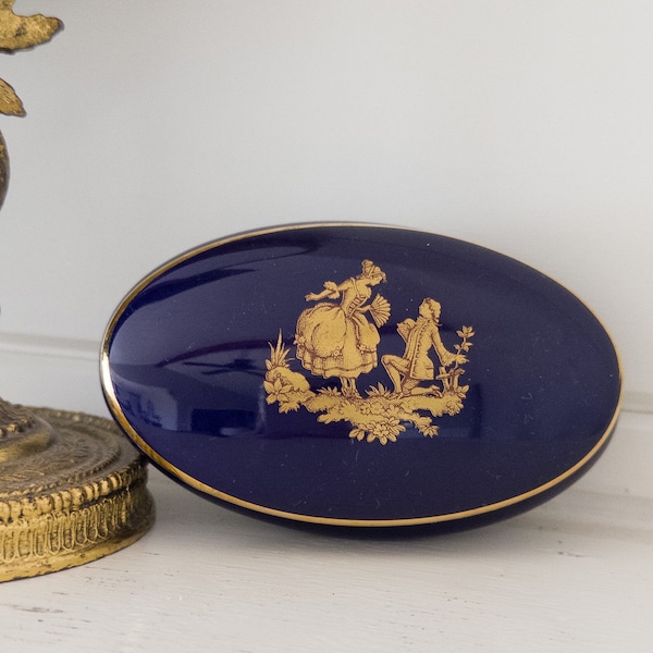 French Limoges Porcelain Pottery with gilded gold, Courting Watteau Couple, oval lidded trinket box