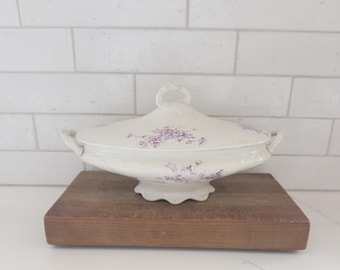 Antique 1855 W.C. Co. Semi Porcelain Soup Tureen,  Old Ironstone, Purple Spring/Summer Floral