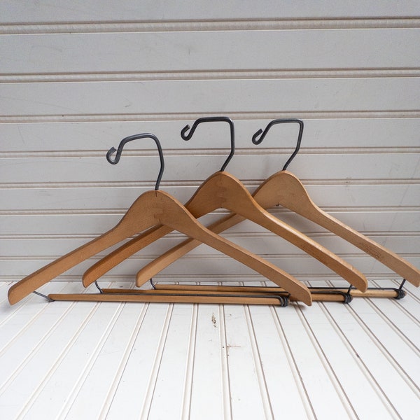 Vintage Set of Three Wood Wooden Hangers w/ Pants Trouser Bar Batts Wishbone Hanger Men’s Suit Hangars