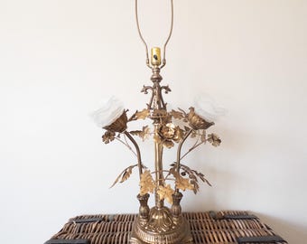 Late 19th Century French Tole Guilded Metal and Glass Floral and Leaf Design Table Lamp