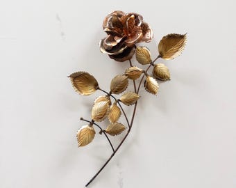 Vintage HOMCO Copper Brass 14" Long Stem Rose and Leaves 3D Metal Wall Art