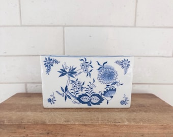 Vintage Blue Onion Blue White Porcelain Flower Frog Holder, Andrea Sadek Floral Pattern
