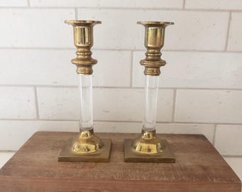 Mid-Century Hollywood Regency Brass and Lucite Candlesticks Pair