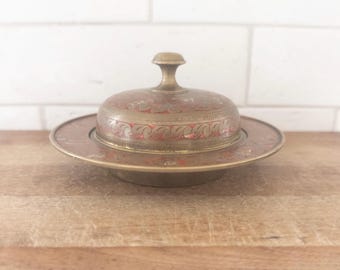Lidded Brass Etched with Red Accents Candy Dish/Bowl Vintage Indian Cloisonne