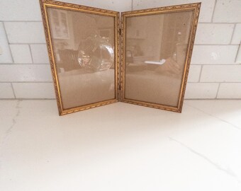 Old BiFold Double Hinged Gold Painted Wood  8" x 10" Portrait Photo Picture Tabletop Frame