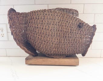 Vintage Large Hand-Woven Wicker Fish Basket