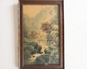 Antique Moody Traditional Landscape Watercolor Signed Print