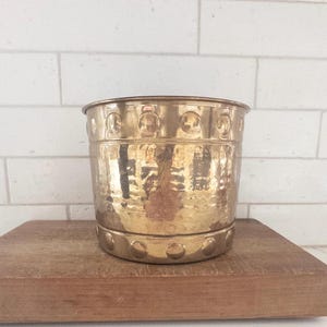 May include: A hammered brass planter with a cylindrical shape. The planter has a decorative band of circles near the top and bottom. The surface has a textured, dimpled appearance. The planter is sitting on a wooden surface.