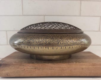 Vintage Brass Etched Flower Rose Bowl with Mesh Flower Frog Incense Burner