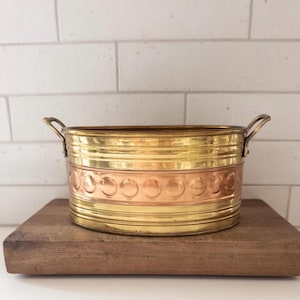 Vintage Brass and Copper Jardinière Planter with Brass Handles