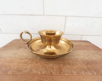 Vintage Mid-Century Modern Brass Handled Chamberstick Aged Patina