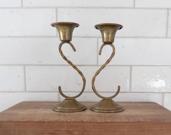Set of Two Vintage Brass Candlestick Holders Classic Design Patina