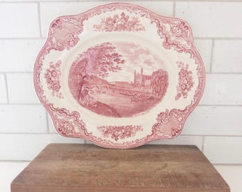 Vintage Johnson Bros Old Brittain Castles Platter Serving Plate 12" England Red Pink Transferware