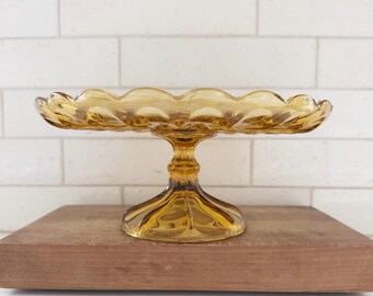 Vintage Anchor Hocking Amber "Fairfield" Cake Stand  Scallop Edge Cake Plate Colorful Fall Glassware