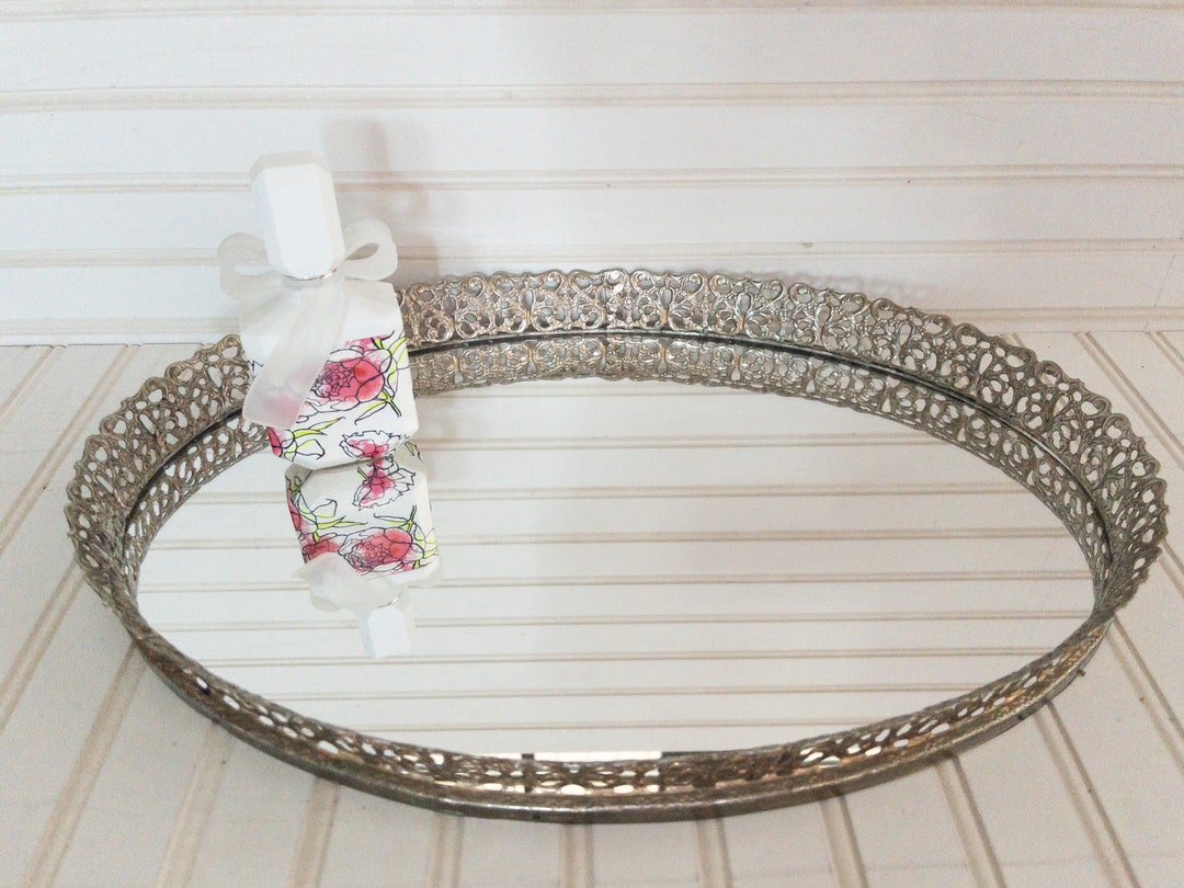 Vintage Oval Mirrored Vanity Tray Brass Lace Scalloped Edge Etsy