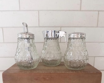 Vintage Grace Kitchen 3 Piece Server Set Glass and Stainless Steel Honey or Syrup Jar, Shaker and Sugar Dispenser Diamond Hobnail Design