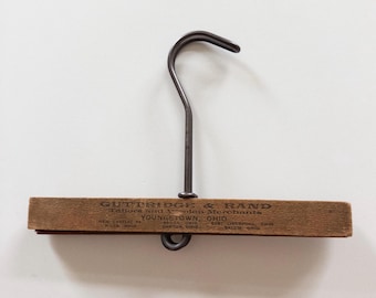 Vintage Adjustable Long Neck Wooden Pants or Skirt Hanger, Primitive Clothing or Sewing Display with Adversting Guttridge and Rand
