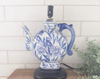 Vintage Blue & White Floral Porcelain Teapot Lamp