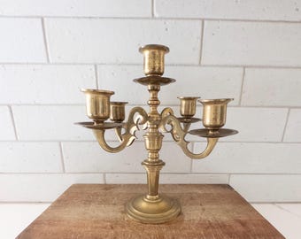1960s Colonial Syle Vintage Brass Arm 5 arm Candelabra Centerpiece