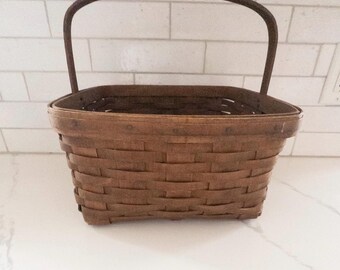 Vintage Splint Wood Twine Wrapped Handle Basket