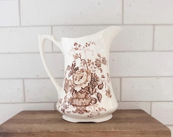 English Alfred Meakin England, Brown Ironstone Pitcher in Pattern “Floral Bounty”