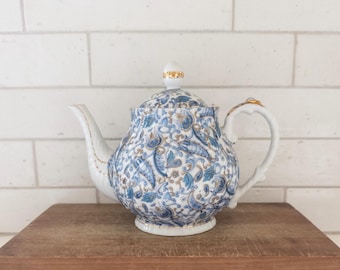 Vintage Lefton Blue Paisley Swirl Teapot, Teal and Blue Chintz, Made in Japan