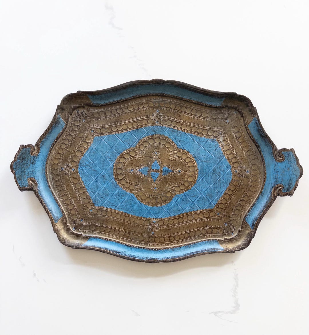 Vintage Florentine Tray, Hand Painted Tole, Gold & Robins Egg Blue ...