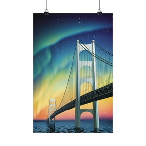 Mackinac Bridge Northern Lights Vintage Poster Print