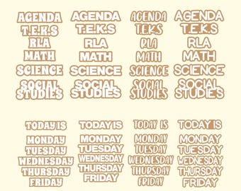 May include: A digital planner page with a list of subjects including Agenda, T.E.K.S, RLA, Math, Science, Social Studies, and Today is followed by days of the week. The text is in a white font with a brown outline.