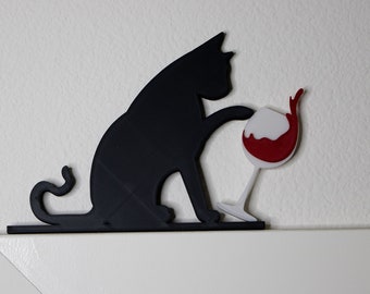 Impression 3D de porte de vin basculante de chat | Verre à vin sans rebord Kitty | Décoration d'intérieur amusante et unique | Art de la porte du chat | Dessin au trait chat | Décoration