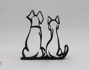 Dessin au trait chien et chat, sculpture d'art minimaliste, idée cadeau pour amoureux des animaux de compagnie, cadeau imprimé 3D, décoration de bureau à domicile, art d'étagère, cadeau unique, art 3d