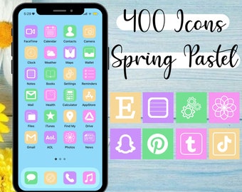 May include: A screenshot of an iPhone displaying a collection of pastel-colored app icons. The icons are arranged in a grid pattern and feature various app names, including FaceTime, Calendar, Contacts, Camera, Clock, Weather, Maps, Wallet, Notes, Books, Settings, Reminders, Mail, Health, Calculator, AppStore, Files, iTunes, Find My, Drive, Gmail, AOL, Photos, and News. The phone is on a light blue wooden surface. The text "400 Icons Spring Pastel" is displayed above the phone.
