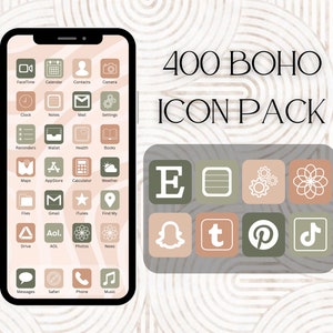 Könnte beinhalten: Ein digitales Mockup eines iPhone-Bildschirms mit einem Raster von 20 App-Symbolen. Die Symbole sind im Boho-Stil mit einer neutralen Farbpalette in Beige, Braun und Grün gehalten. Der Text "400 BOHO ICON PACK" wird über den Symbolen angezeigt.