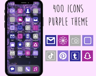 May include: A smartphone screen displaying a grid of app icons with a purple theme. The icons are arranged in a grid of 4 rows and 4 columns. The icons are all white and have a purple background. The icons include apps such as Facetime, Calendar, Contacts, Camera, Clock, Weather, Maps, Wallet, Notes, Books, Settings, Reminders, Mail, Health, Calculator, App Store, Files, iTunes, Find My, Drive, Gmail, AOL, Photos, and News. The text "400 ICONS PURPLE THEME" is displayed at the top of the image.
