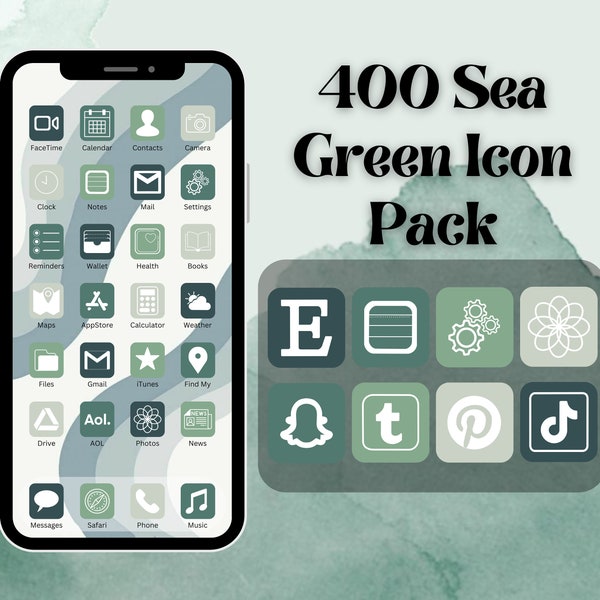 400 Sea Green Themed Icons | IOS 14/15 App Icons | Aesthetic | For iPhone and iPad | Customize Home Screen | Includes Widgets | 4 Colors