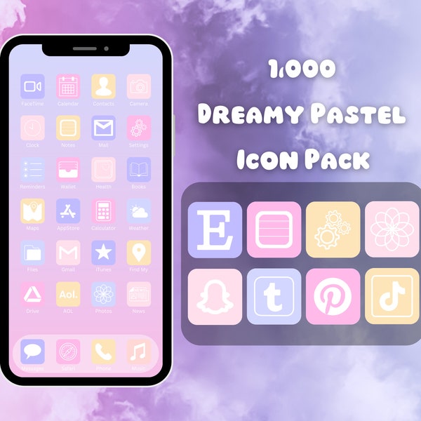 1 000 icônes pastel de rêve | Icônes d'application IOS 14 -17 | Esthétique | Pour iPhone et iPad | Personnaliser l'écran d'accueil | Comprend des widgets | 5 couleurs