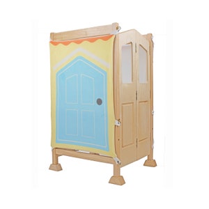 May include: A wooden playhouse with a blue door and yellow and orange fabric panels. The playhouse has two doors that open and close.
