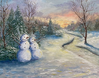 Christmas art, Snowmen painting, Winters morning, snowman, Christmas art, snowmen art, landscape, fine art