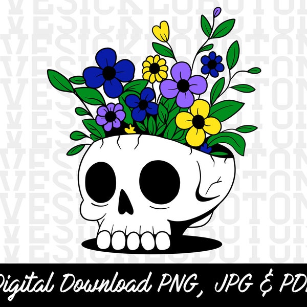 Skull flower pot, blue flowers, Red Roses, Skeleton, Hand Drawn Custom Illustration, PNG JPG PDF Digital Download Only