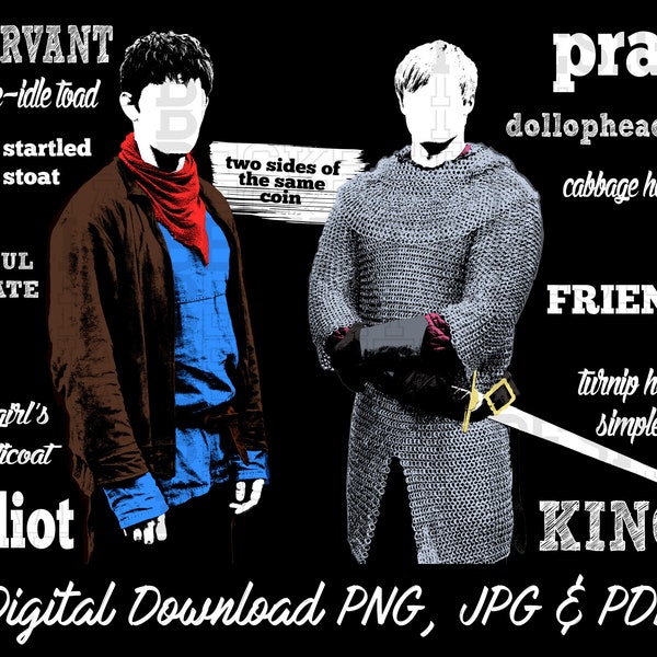 Merlin & Arthur, Merthur Phrases, Clotpole Prat, PNG SVG Digital Download, Hand Drawn Illustration