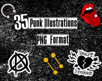 35 illustrations punk/emo, piercings, tatouages, anarchie, têtes de mort, punk rock, dessinés à la main, téléchargement numérique PNG