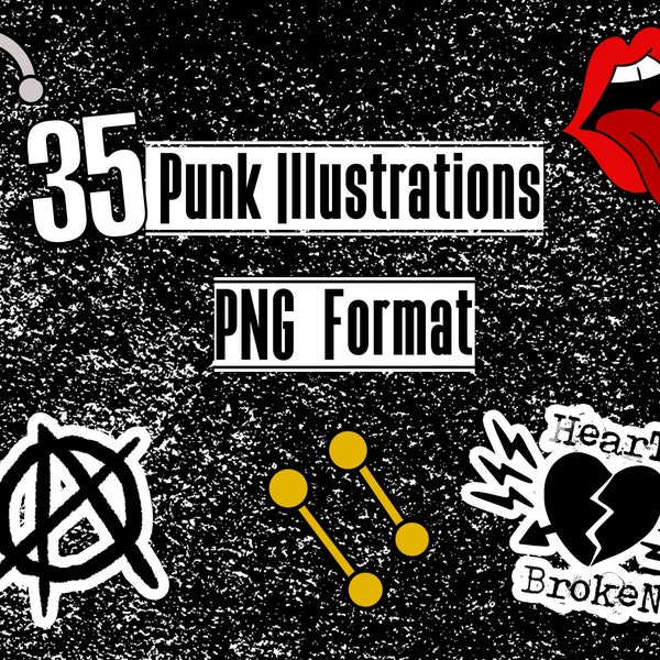 35 Ilustraciones Punk/Emo, Piercings, Tatuajes, Anarquía, Calaveras, Punk Rock, Dibujado a mano, PNG Descarga Digital