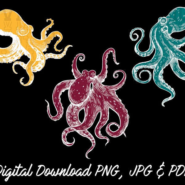 Colourful Octopus 3-Pack, Sea Creatures, Under the Sea, Fish, Marine Life, Hand Drawn, PNG JPG PDF, Digital Download only