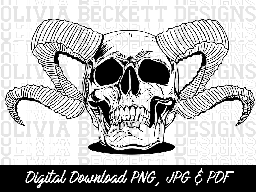 Skull With Horns, Hand Drawn Illustration, Ram Horns, Skeleton, Png