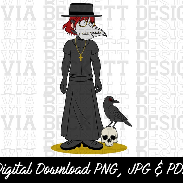 Plague Doctor Cartoon, Black Death, Bubonic Plague, Raven and skull,  Hand Drawn PNG JPG PDF, Transparent, Digital Download